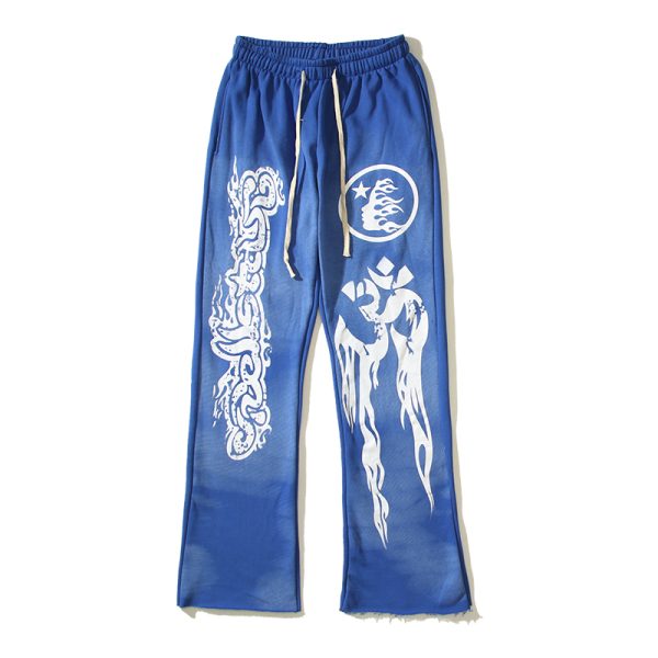 HELLSTAR STUDIOS BLUE RETRO MUD PRINT OLD SPORTS CASUAL TROUSERS FLARED PANTS