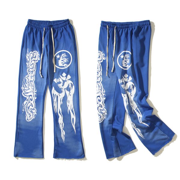 HELLSTAR STUDIOS BLUE RETRO MUD PRINT OLD SPORTS CASUAL TROUSERS FLARED PANTS