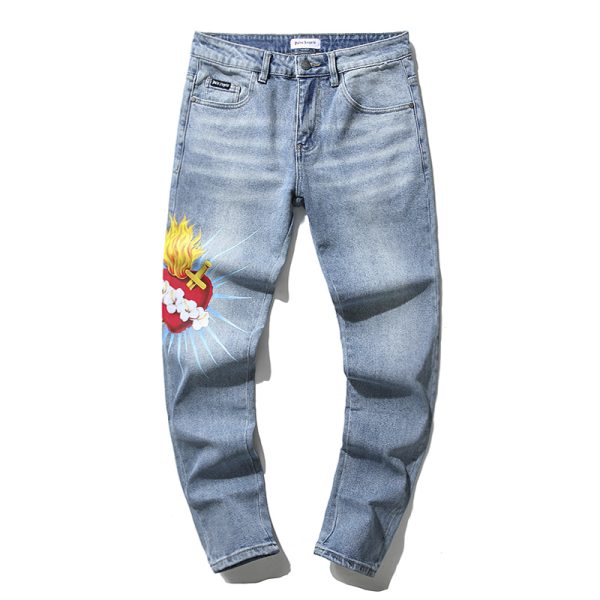 PALM ANGEL HEART LOVE DISTRESSED WASHED DENIM STRETCH TROUSERS